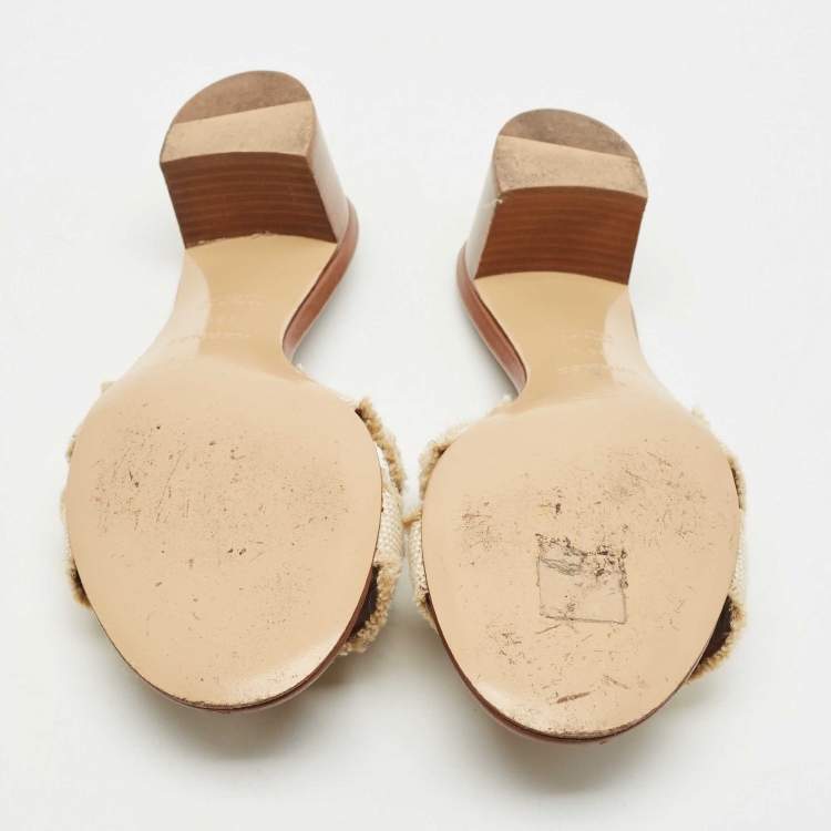 Pre Owned Hermes Brown/Cream Canvas Oasis Slide Sandals Size 39.5