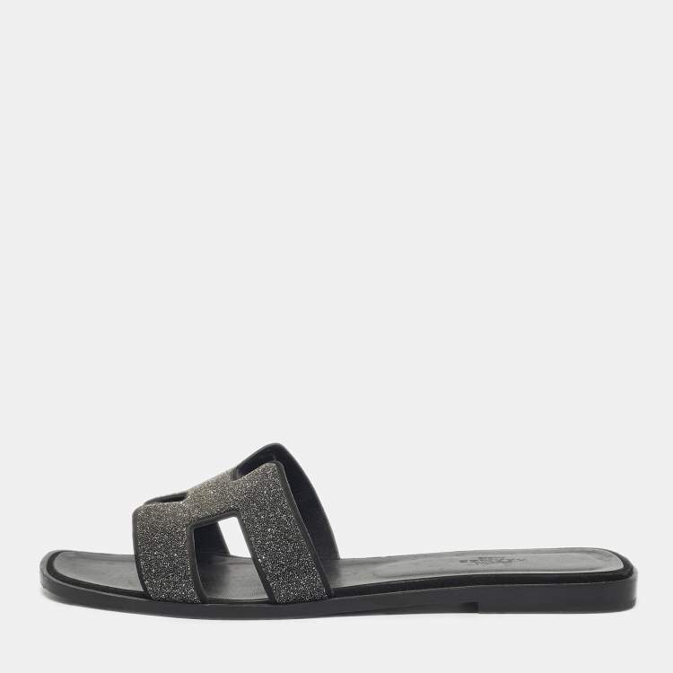 Pre Owned Hermes Silver Glitter Oran Flat Sandals Size 40.5