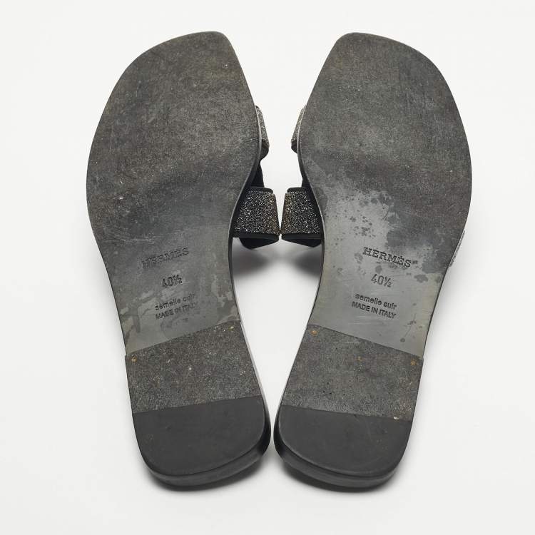 Pre Owned Hermes Silver Glitter Oran Flat Sandals Size 40.5