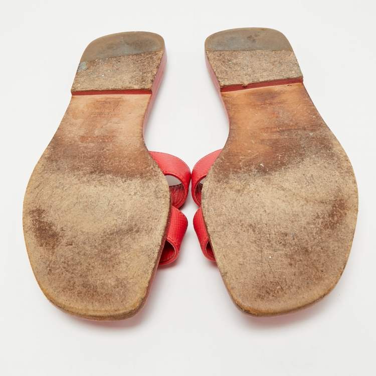 Pre Owned Hermes Coral Red Leather Oran Flat Slides Size 38