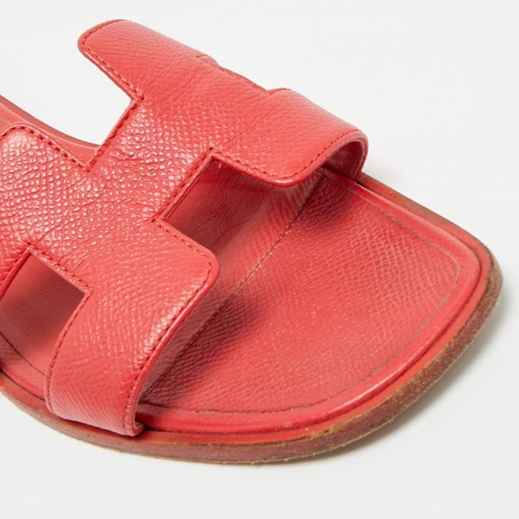 Pre Owned Hermes Coral Red Leather Oran Flat Slides Size 38