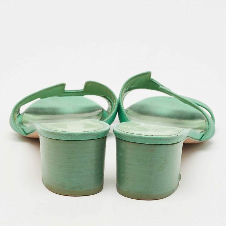 Pre Owned Hermes Green Leather Oasis Slide Sandals Size 38.5