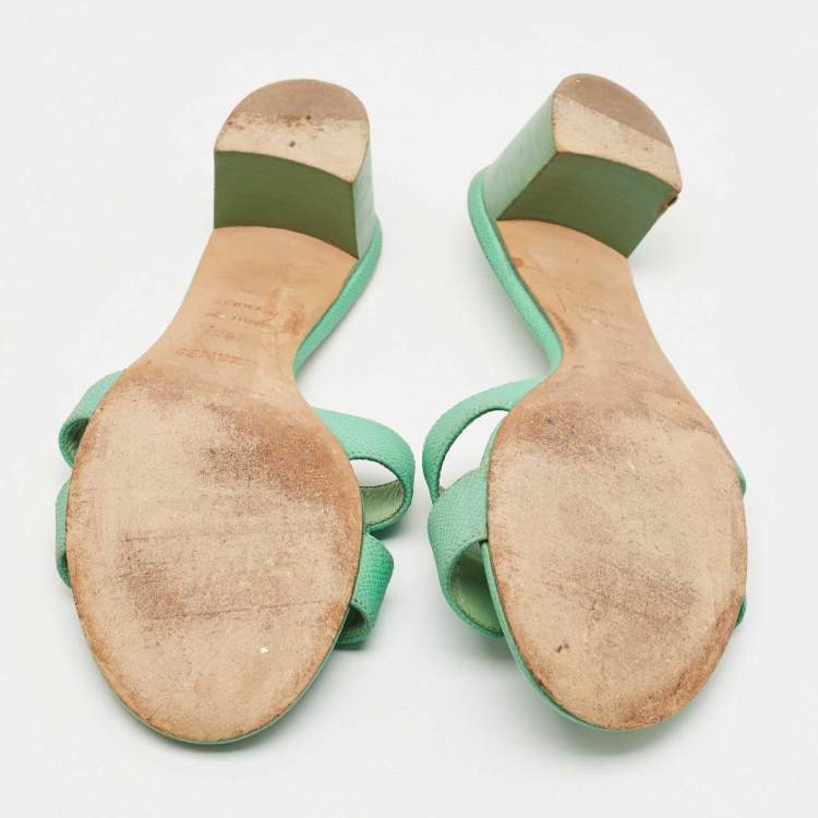 Pre Owned Hermes Green Leather Oasis Slide Sandals Size 38.5