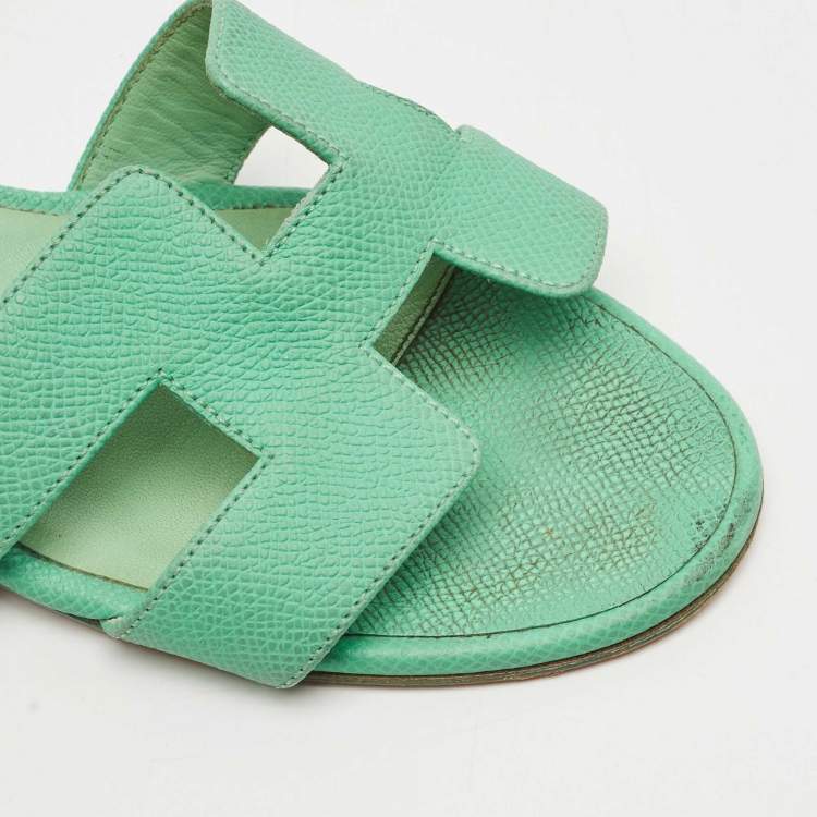 Pre Owned Hermes Green Leather Oasis Slide Sandals Size 38.5
