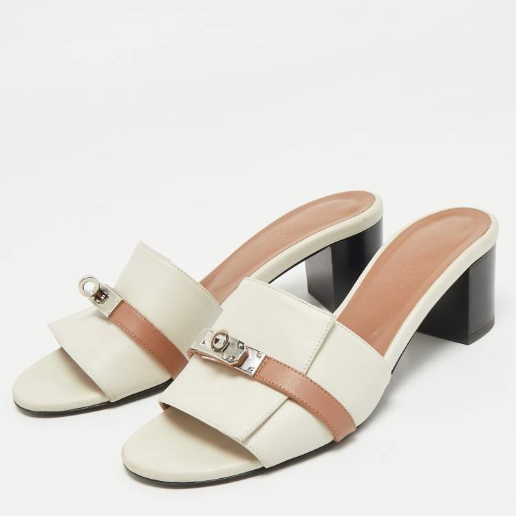 Pre Owned Hermes Cream/Brown Leather Gigi Slide Sandals Size 38