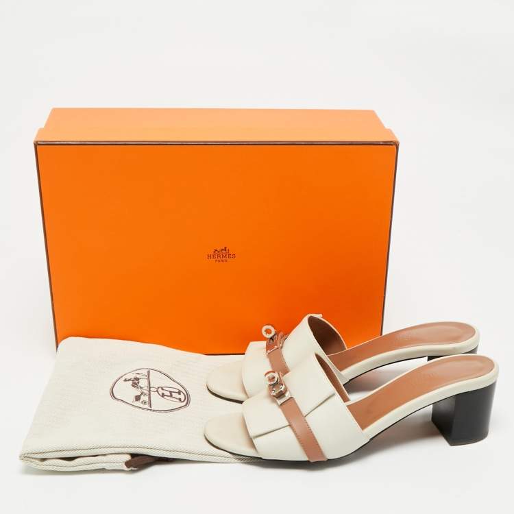 Pre Owned Hermes Cream/Brown Leather Gigi Slide Sandals Size 38