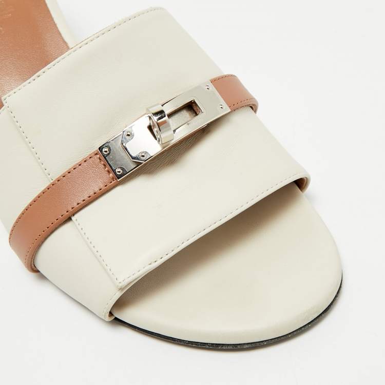 Pre Owned Hermes Cream/Brown Leather Gigi Slide Sandals Size 38