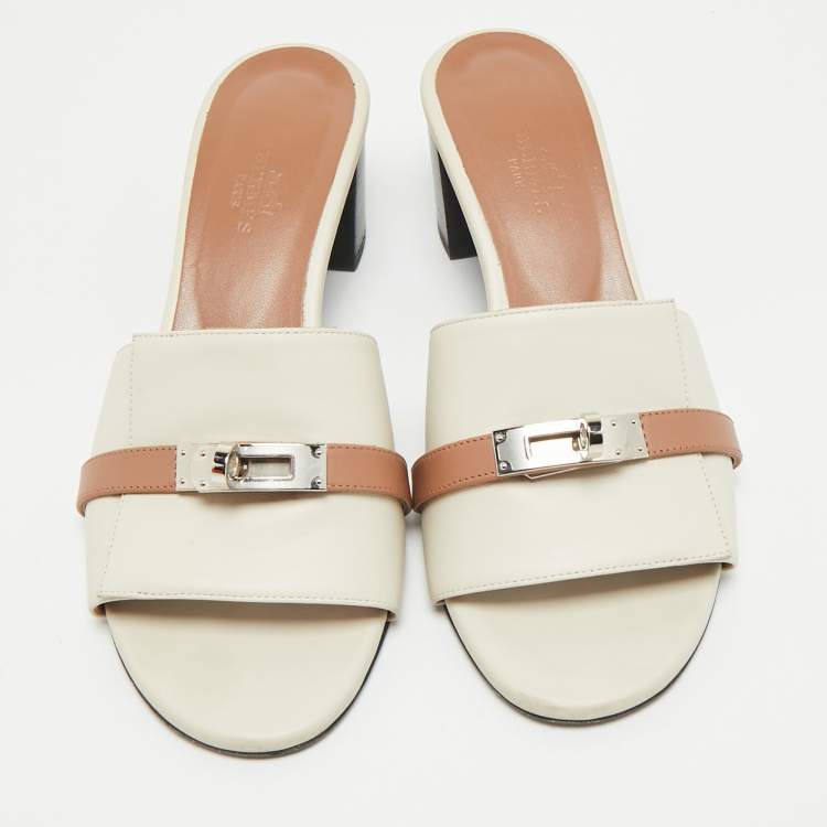 Pre Owned Hermes Cream/Brown Leather Gigi Slide Sandals Size 38