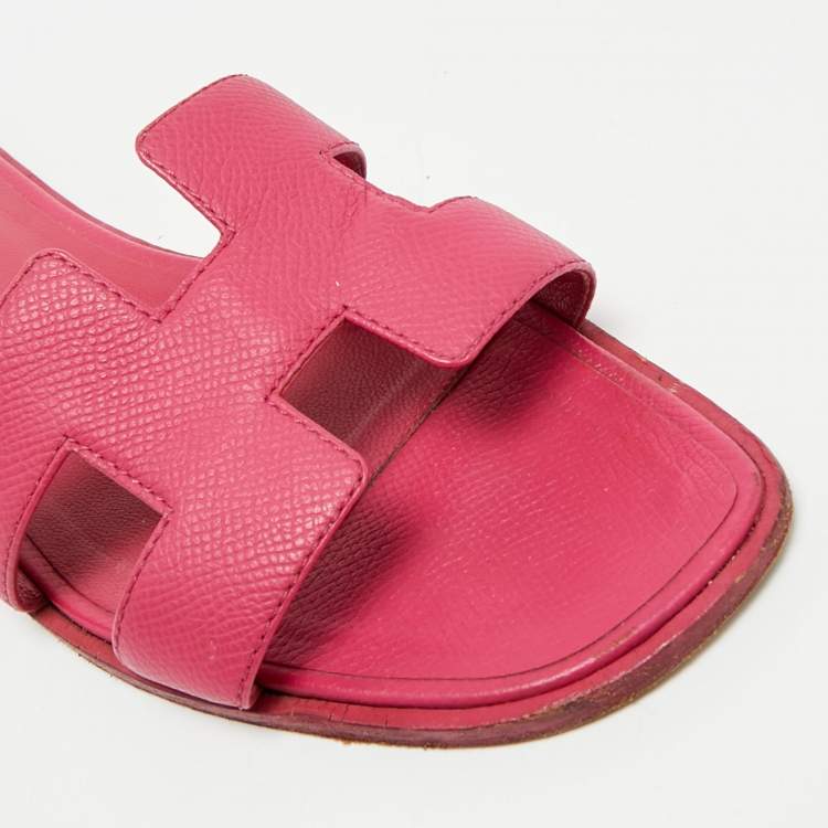 Pre Owned Hermes Pink Leather Oran Flat Slides Size 36.5