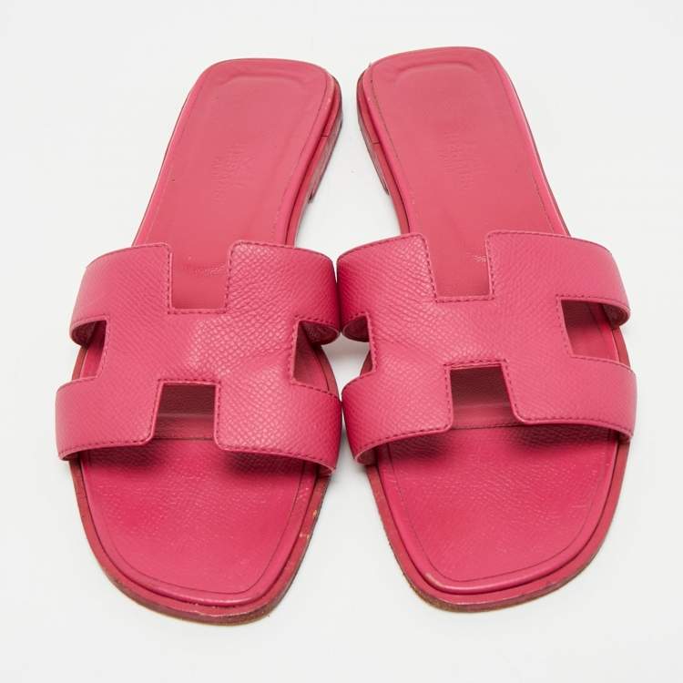 Pre Owned Hermes Pink Leather Oran Flat Slides Size 36.5