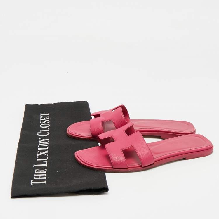 Pre Owned Hermes Pink Leather Oran Flat Slides Size 36.5
