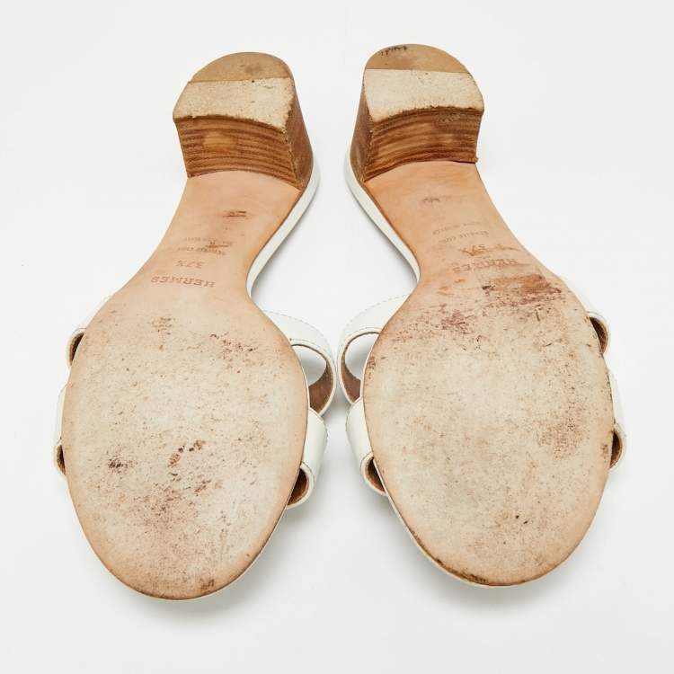 Pre Owned Hermes White Leather Oasis Slide Sandals Size 37.5
