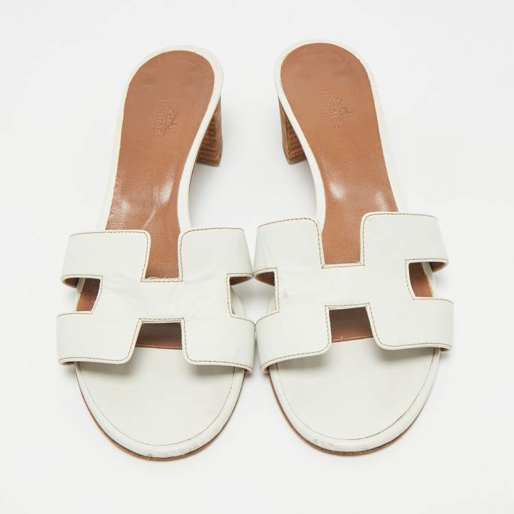 Pre Owned Hermes White Leather Oasis Slide Sandals Size 37.5