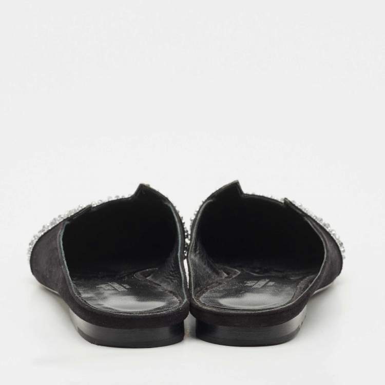 Pre Owned Hermes Black/Silver Suede And Crystal Roxane Mules Size 38