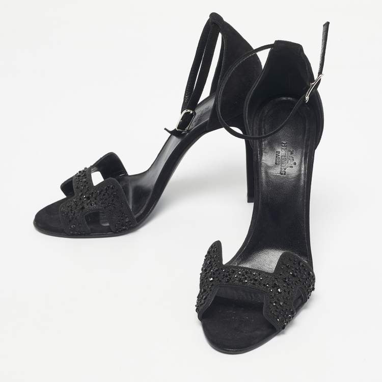 مملوكة مسبقًا Hermes Black Suede And Crystal Embellished Premiere Ankle Strap Sandals Size 38.5