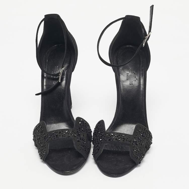 مملوكة مسبقًا Hermes Black Suede And Crystal Embellished Premiere Ankle Strap Sandals Size 38.5