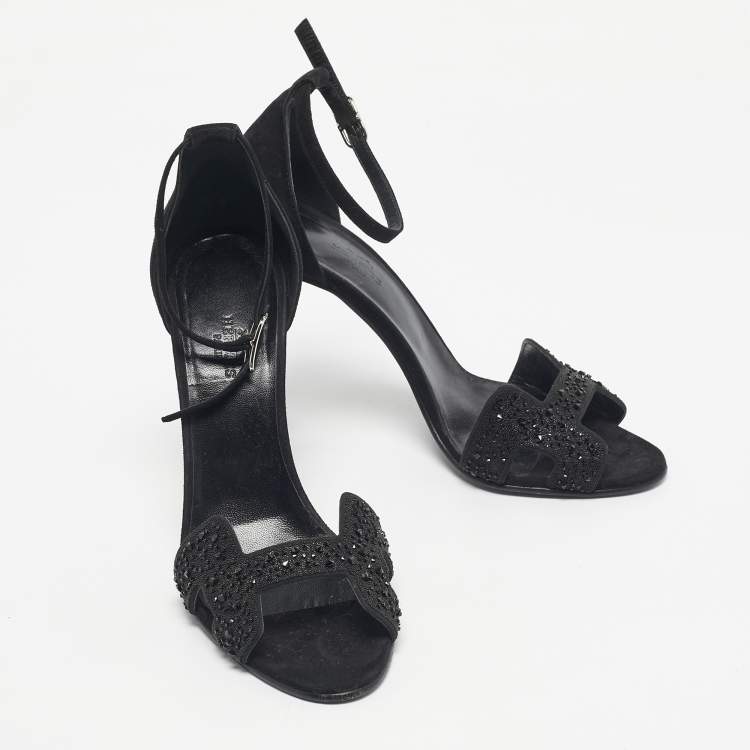 مملوكة مسبقًا Hermes Black Suede And Crystal Embellished Premiere Ankle Strap Sandals Size 38.5