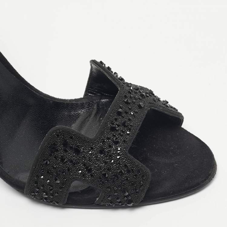 مملوكة مسبقًا Hermes Black Suede And Crystal Embellished Premiere Ankle Strap Sandals Size 38.5