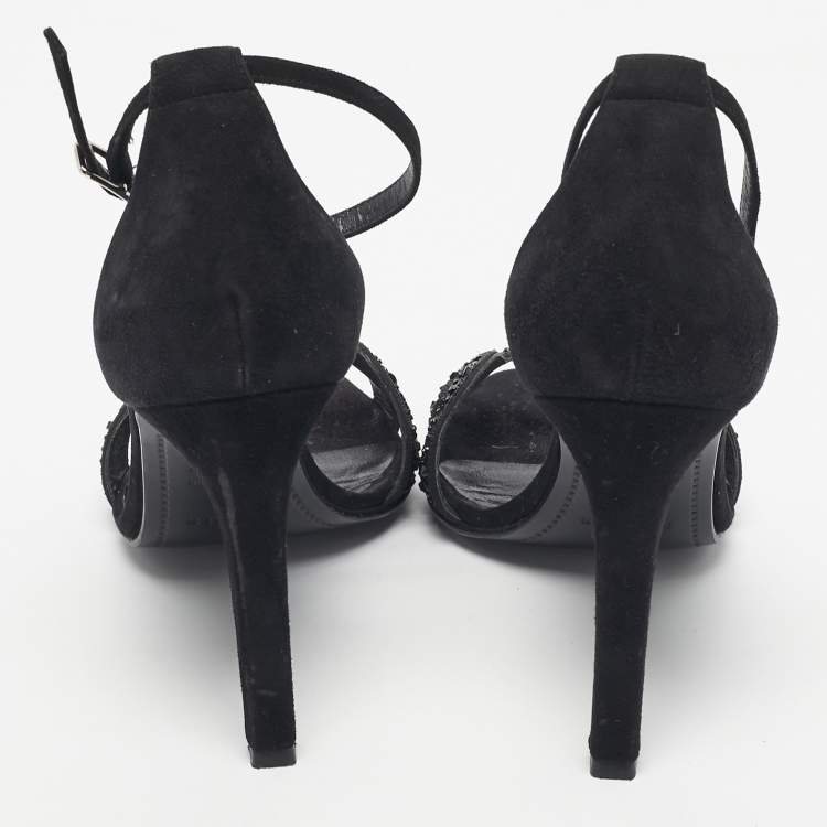 مملوكة مسبقًا Hermes Black Suede And Crystal Embellished Premiere Ankle Strap Sandals Size 38.5