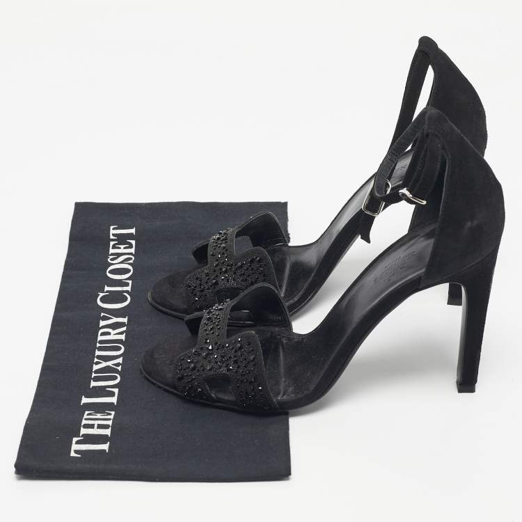 مملوكة مسبقًا Hermes Black Suede And Crystal Embellished Premiere Ankle Strap Sandals Size 38.5