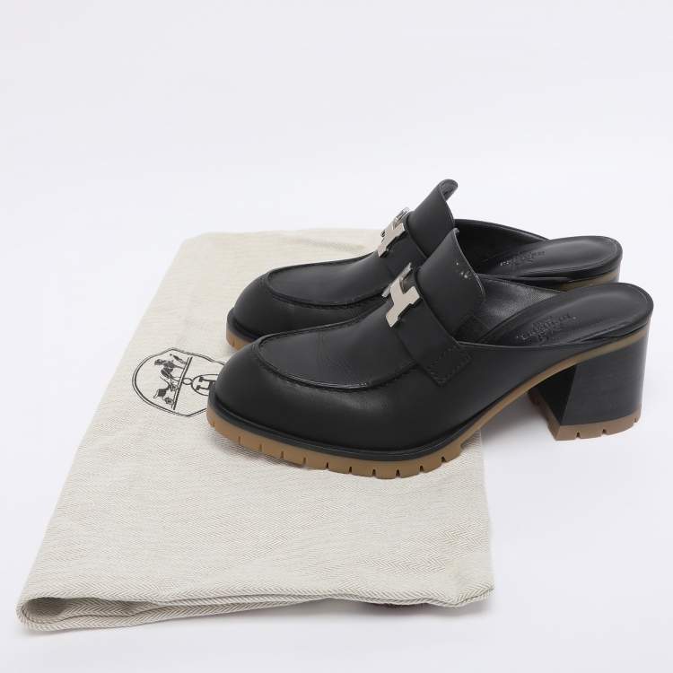 Pre Owned Hermes Black Leather Mules Flore 60 Size 38.5