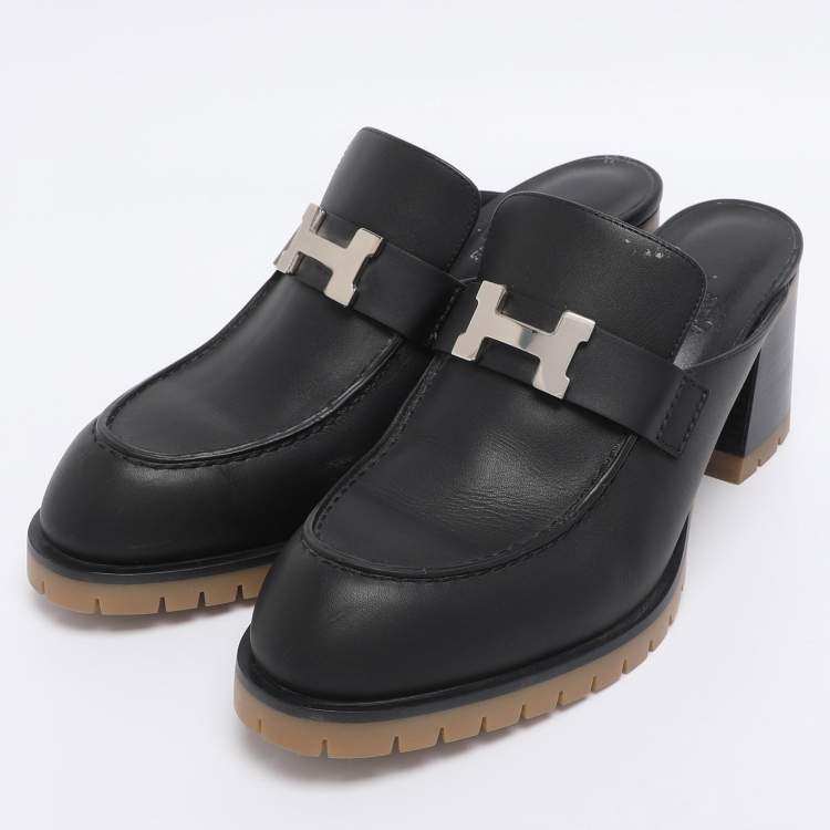 Pre Owned Hermes Black Leather Mules Flore 60 Size 38.5