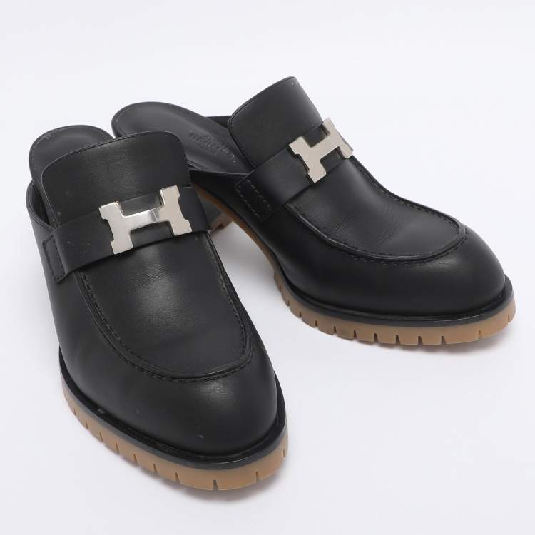 Pre Owned Hermes Black Leather Mules Flore 60 Size 38.5