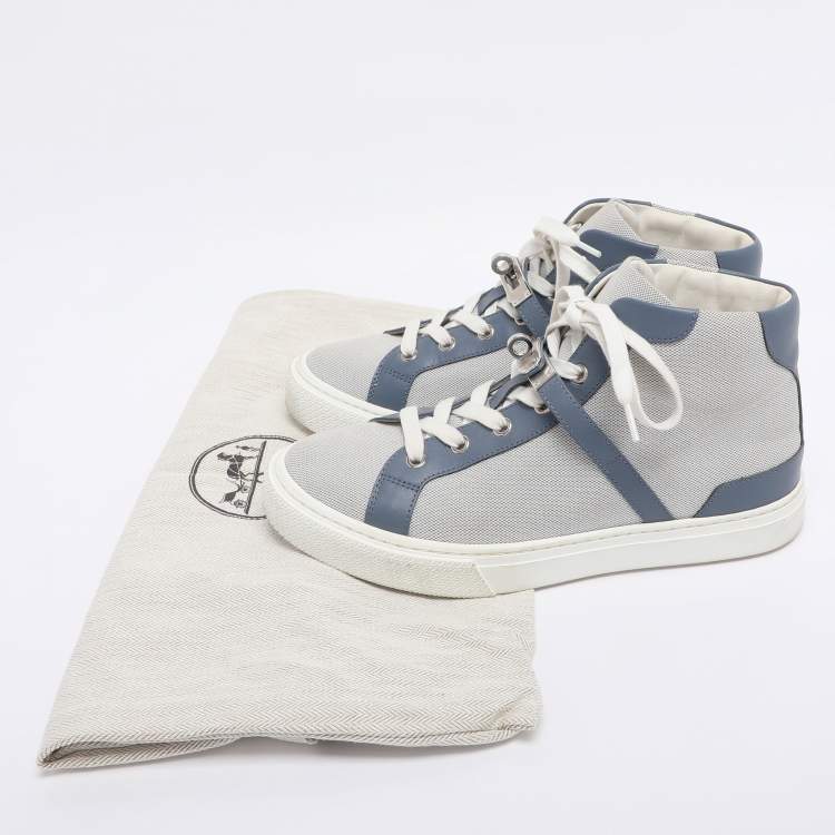 Pre Owned Hermès Grey/Blue Canvas and Leather Daydream High Top Sneakers Size 38.5