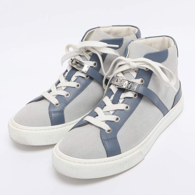 Pre Owned Hermès Grey/Blue Canvas and Leather Daydream High Top Sneakers Size 38.5