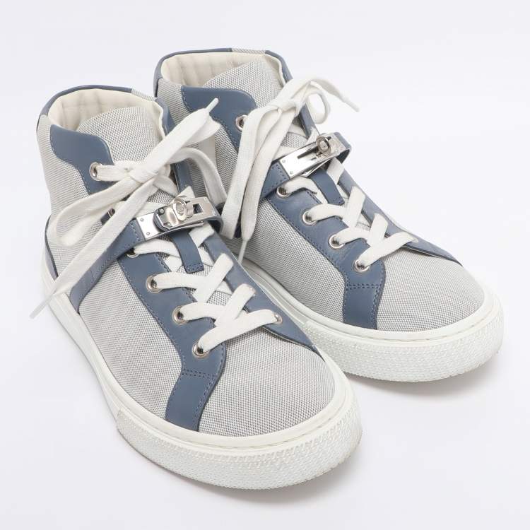 Pre Owned Hermès Grey/Blue Canvas and Leather Daydream High Top Sneakers Size 38.5