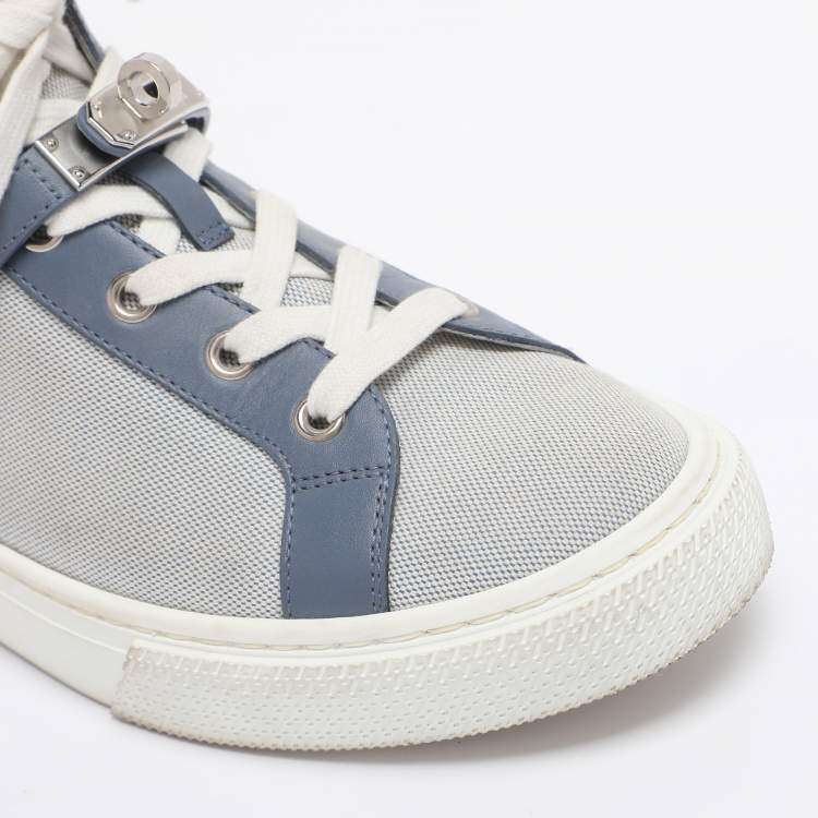 Pre Owned Hermès Grey/Blue Canvas and Leather Daydream High Top Sneakers Size 38.5