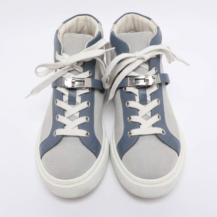 Pre Owned Hermès Grey/Blue Canvas and Leather Daydream High Top Sneakers Size 38.5