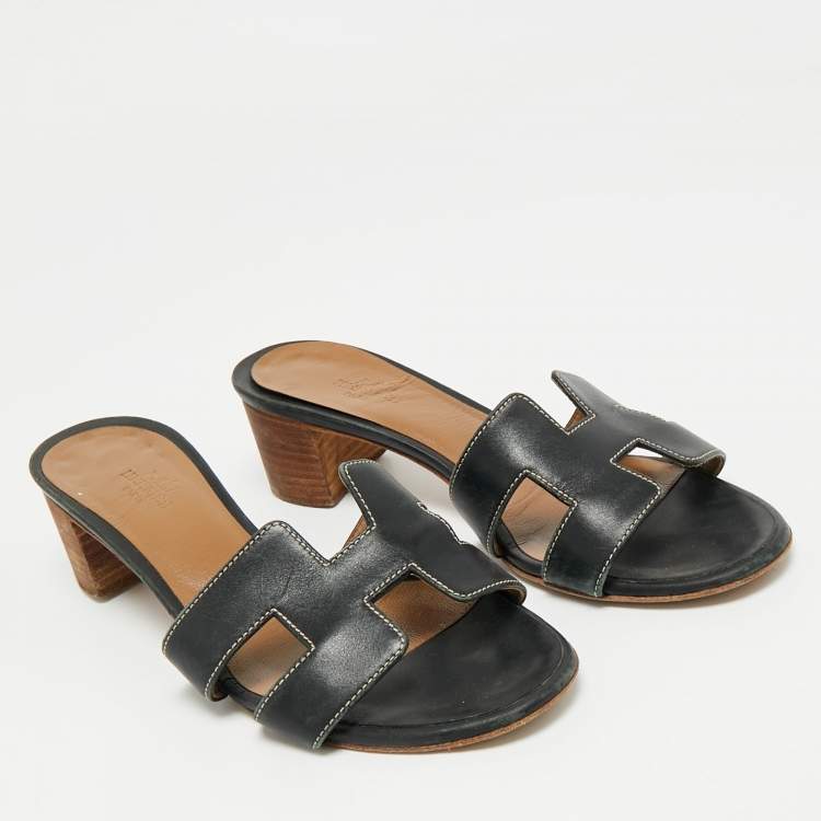 Pre Owned Hermes Black Leather Oasis Slide Sandals Size 35.5