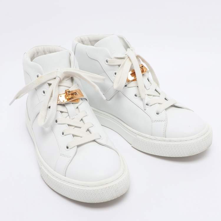 Pre Owned Hermes White Leather Daydream High Top Sneakers Size 38