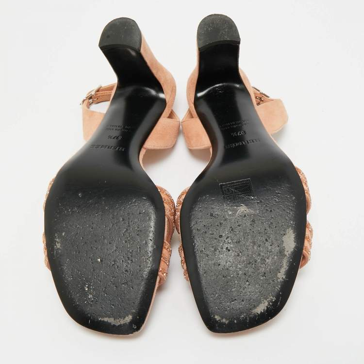Pre Owned Hermes Beige Suede Premiere Ankle Strap Sandals Size 37.5