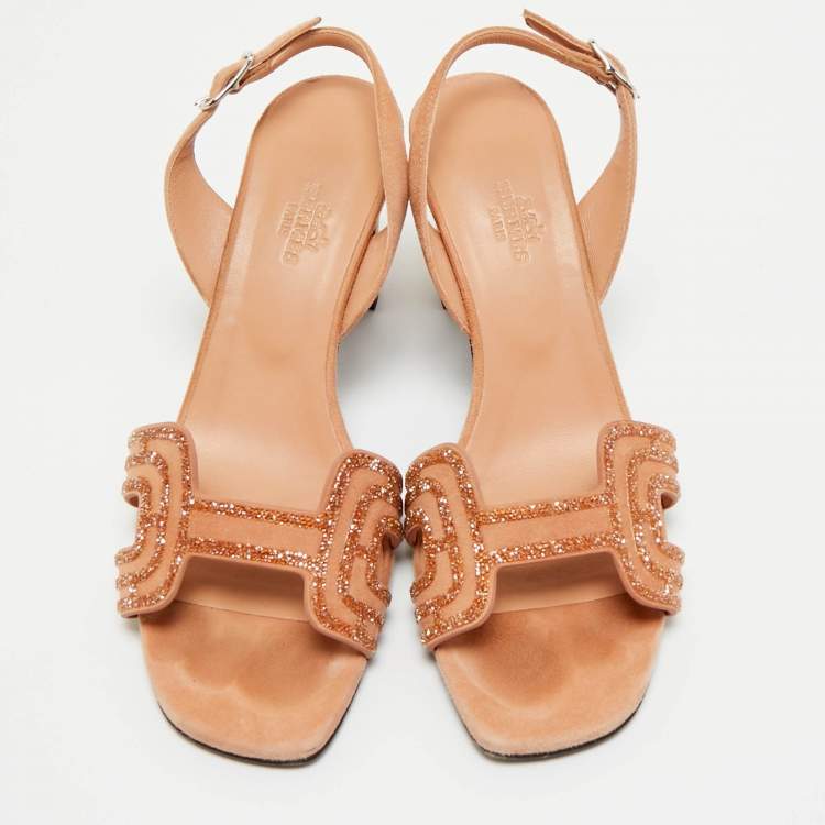 Pre Owned Hermes Beige Suede Premiere Ankle Strap Sandals Size 37.5