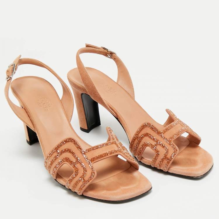 Pre Owned Hermes Beige Suede Premiere Ankle Strap Sandals Size 37.5