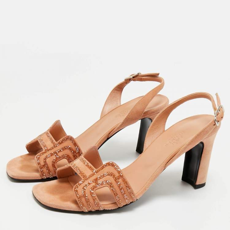 Pre Owned Hermes Beige Suede Premiere Ankle Strap Sandals Size 37.5