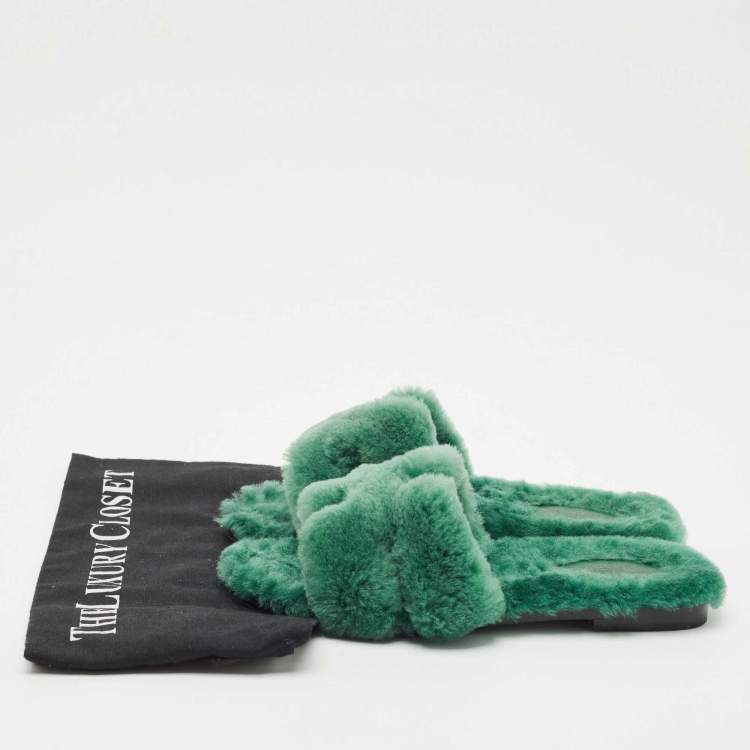 Pre Owned Hermes Green Shearling Fur Oran Flat Slides Size 37.5