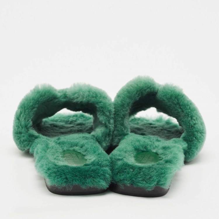 Pre Owned Hermes Green Shearling Fur Oran Flat Slides Size 37.5