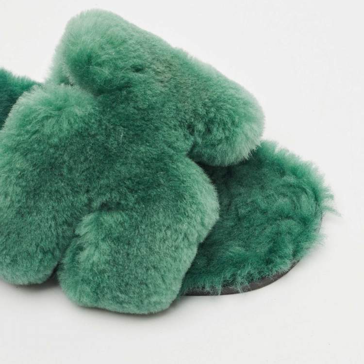 Pre Owned Hermes Green Shearling Fur Oran Flat Slides Size 37.5