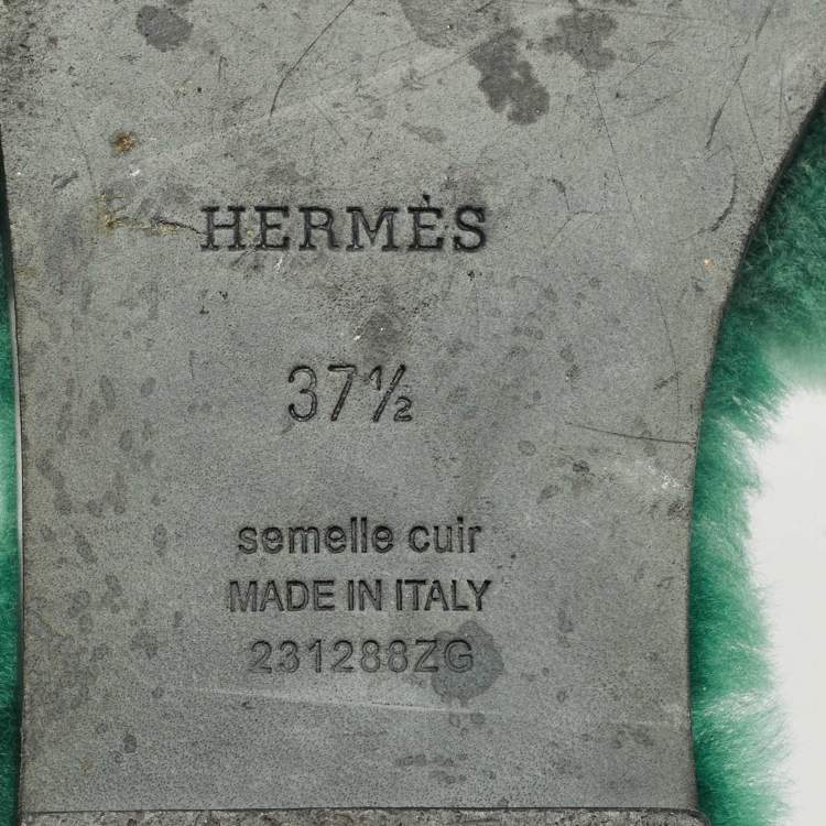 Pre Owned Hermes Green Shearling Fur Oran Flat Slides Size 37.5
