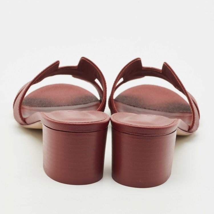 Pre Owned Hermes Burgundy Leather Oasis Slide Sandals Size 38.5 