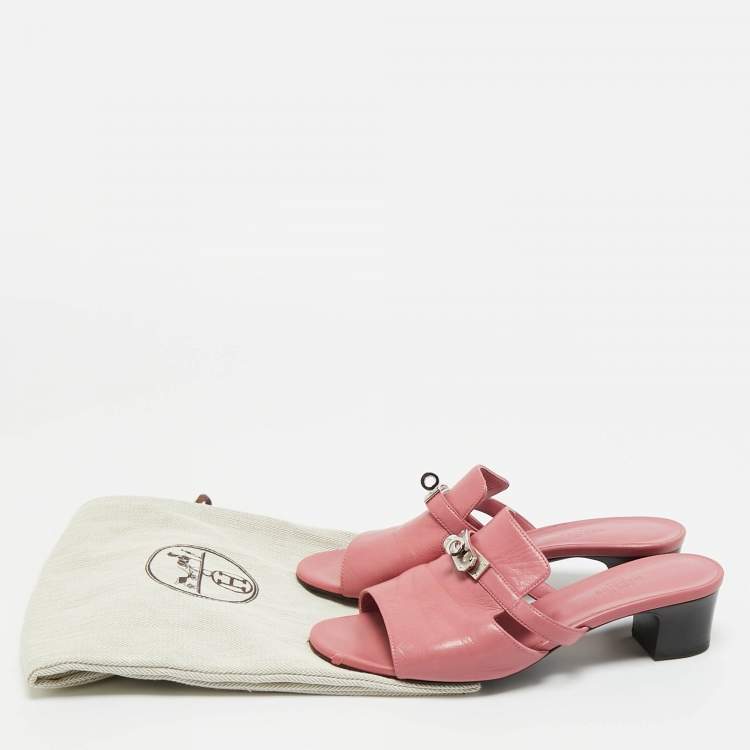 Pre Owned Hermes Pink Leather Cute Mule Sandals Size 38