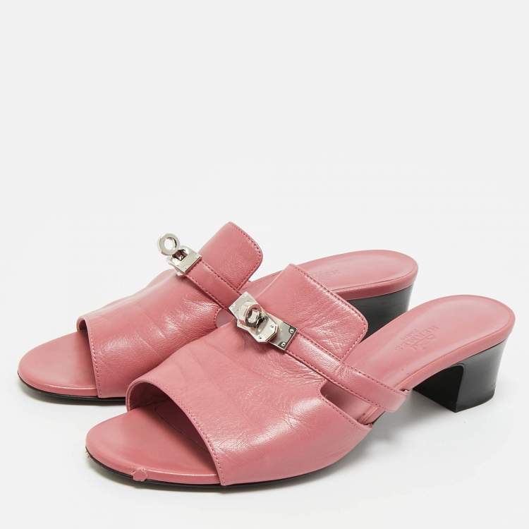 Pre Owned Hermes Pink Leather Cute Mule Sandals Size 38