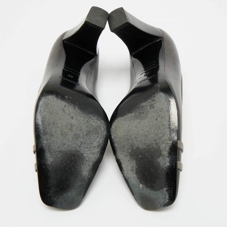 Pre Owned Hermes Grey Leather Block Heel Pumps Size 37