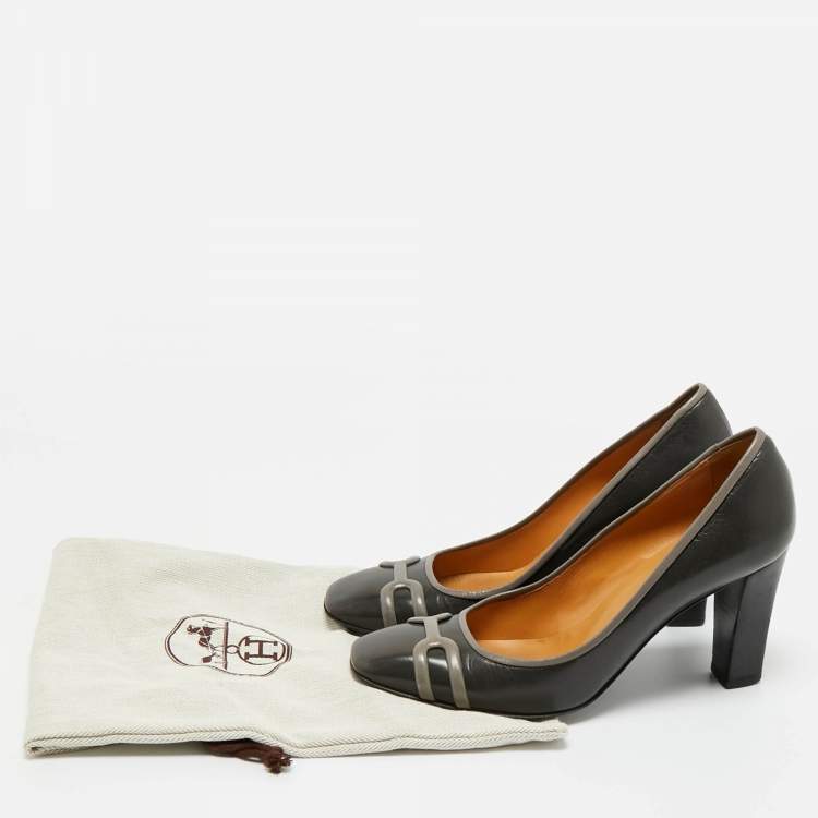 Pre Owned Hermes Grey Leather Block Heel Pumps Size 37
