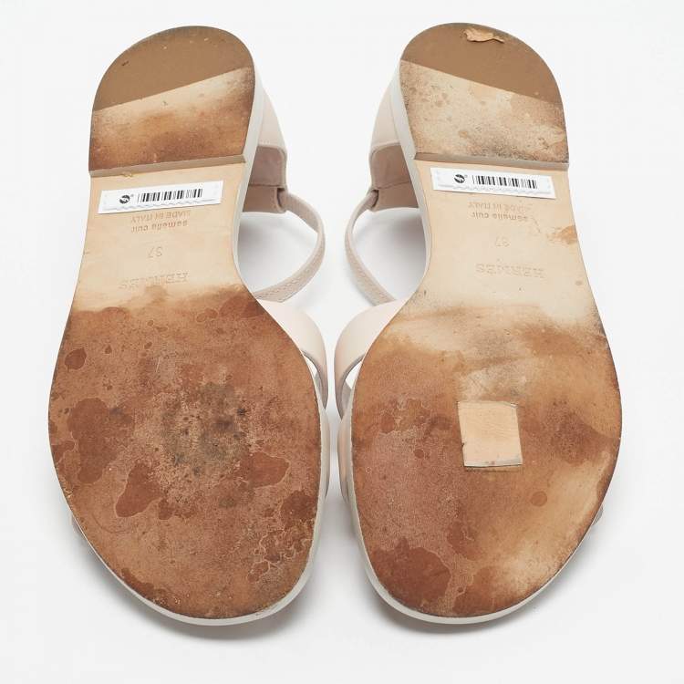 Pre Owned Hermes Cream Leather Poreline Santorini Ankle Strap Flats Size 37