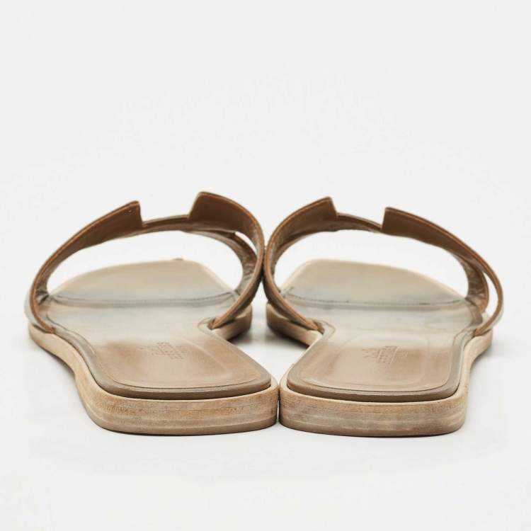 Pre Owned Hermes Brown Leather Oran Flat Slides Size 42