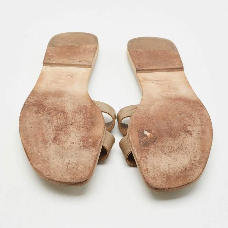 Pre Owned Hermes Brown Leather Oran Flat Slides Size 42